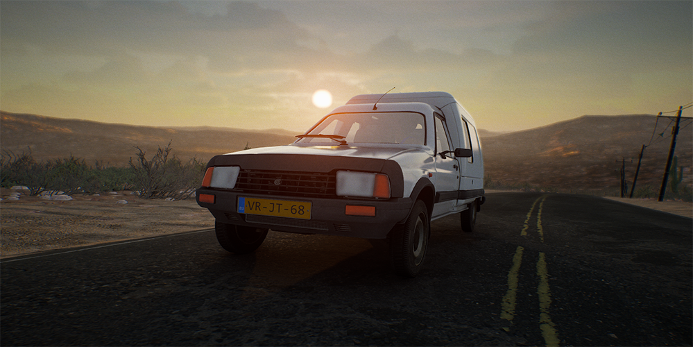 Véhicule dans un environnement cyberpunk